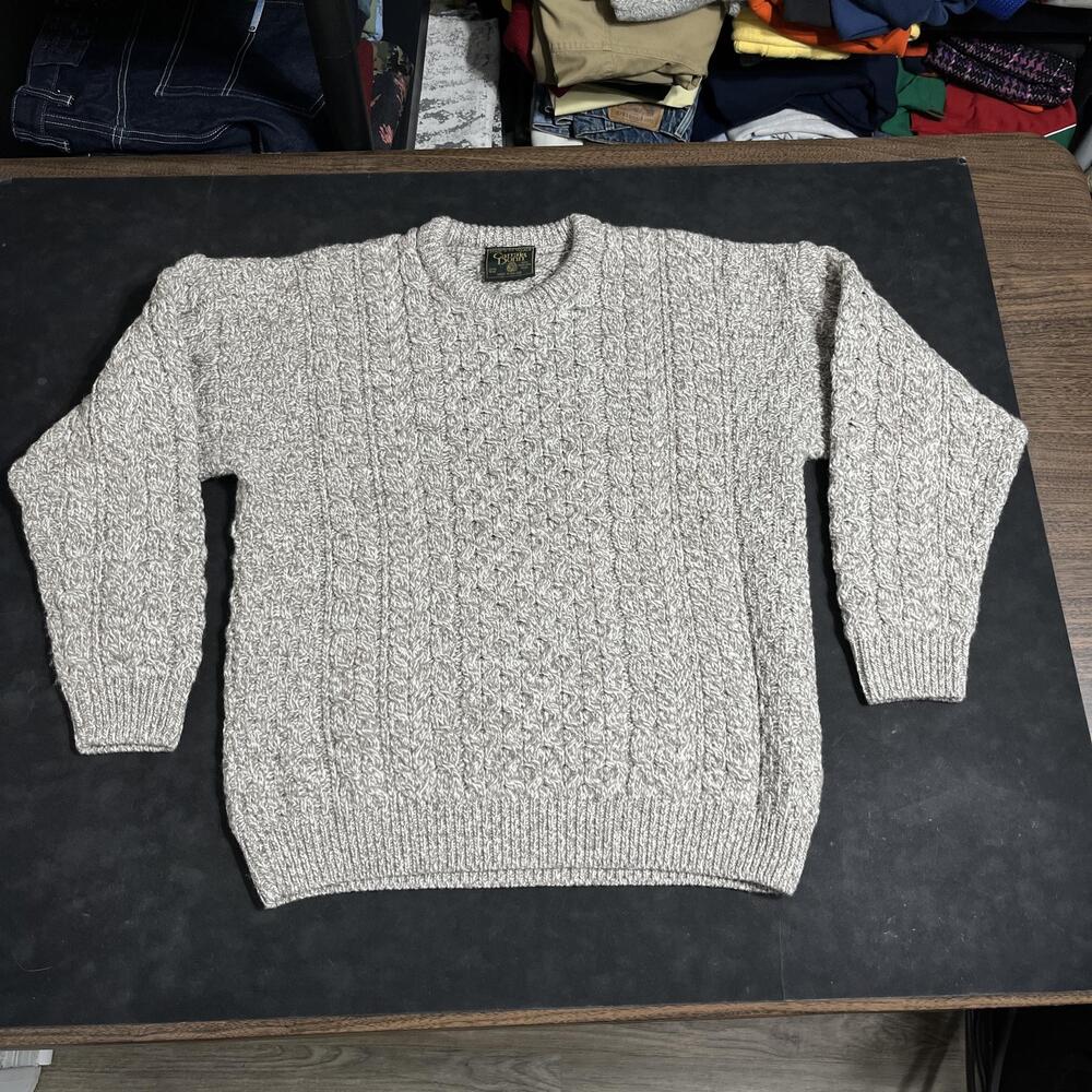 Carraig Donn Merino Wool Sweater Mens Small White Cable Knit Pullover Ireland